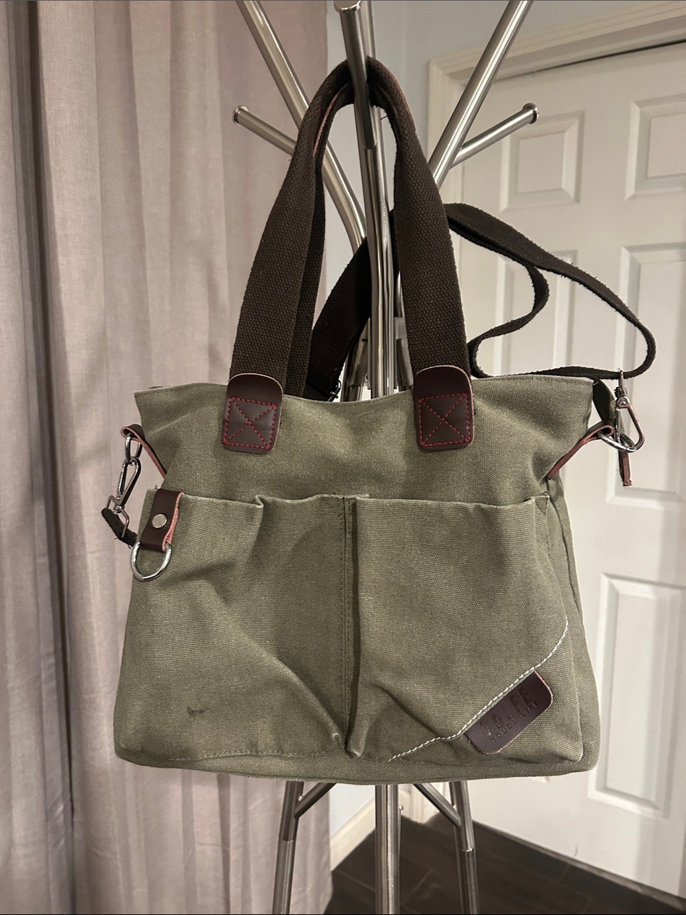 Olive Canvas Tote with Dark Brown Straps by Tolfe